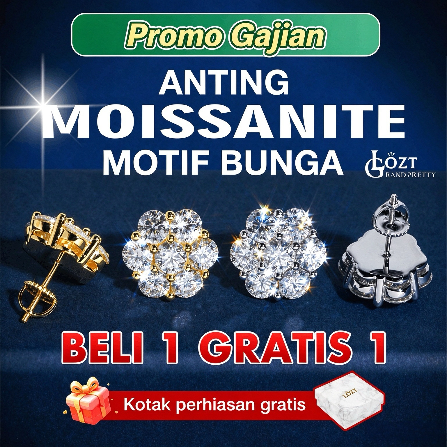 Promo Gajian: Beli 1 Gratis 1 - Anting Moissanite Desain Bunga - Bersertifikat GRA - Dilengkapi dengan kotak perhiasan berdesain khusus